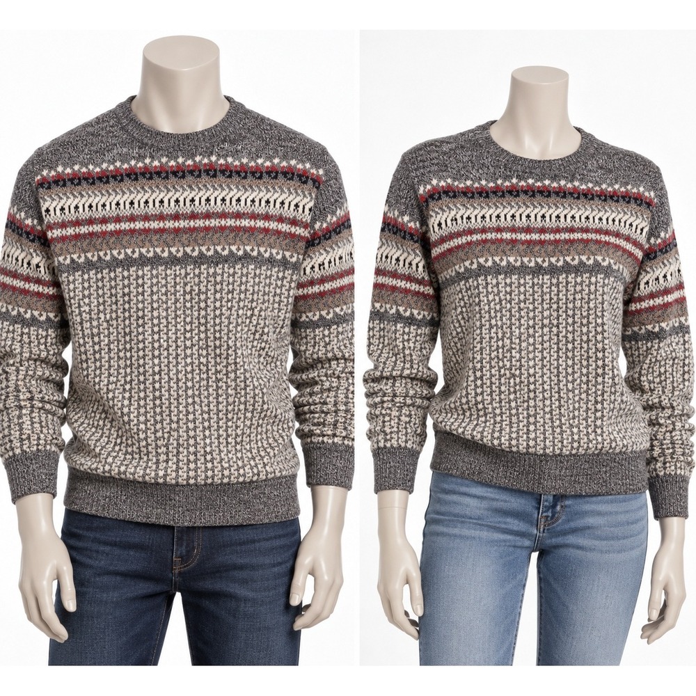 Paul Stuart Wool Fair Isle Sweater Brown/Tan Crewneck Mens Med Womens Large
